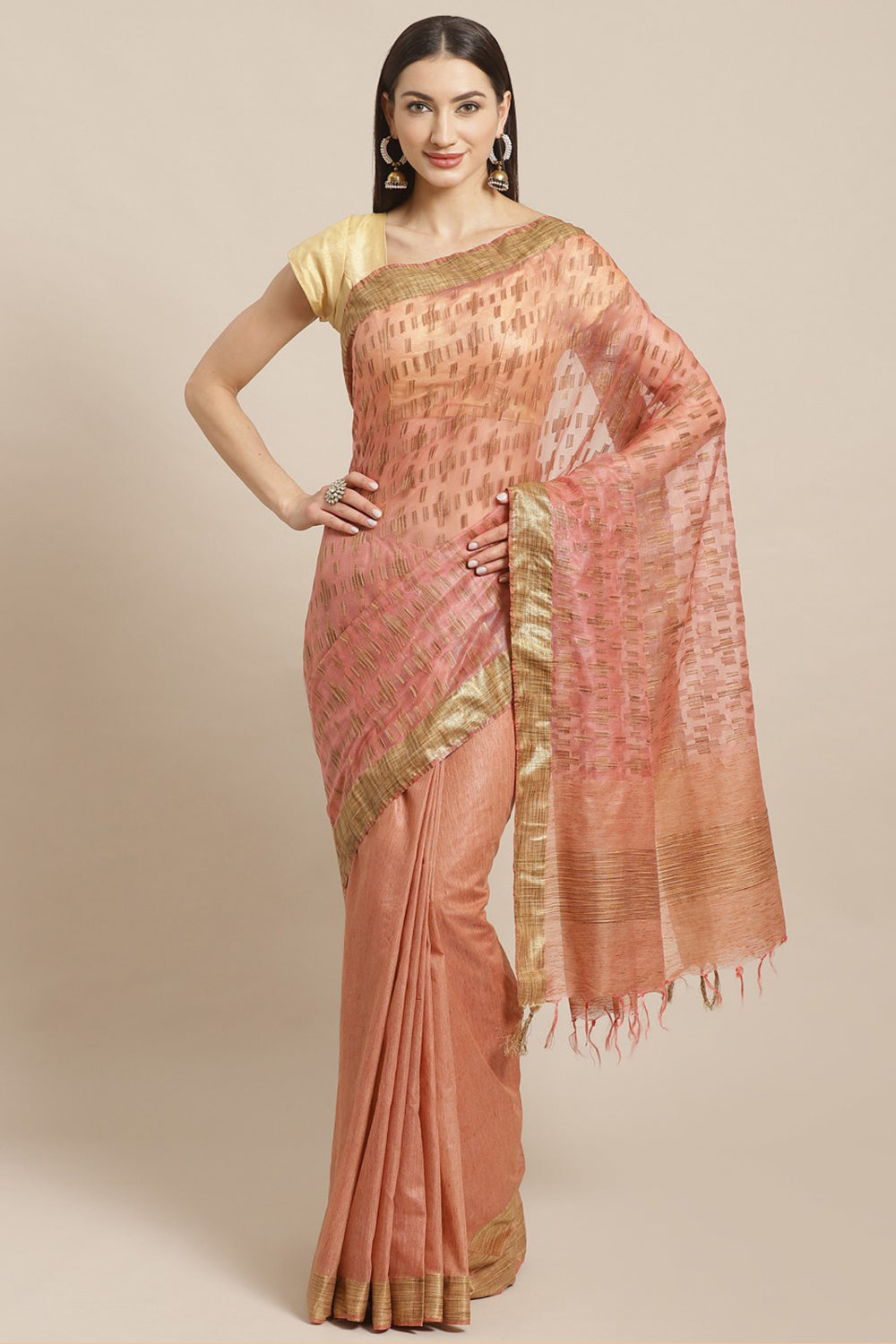 Buy Art Silk Woven Saree in Peach