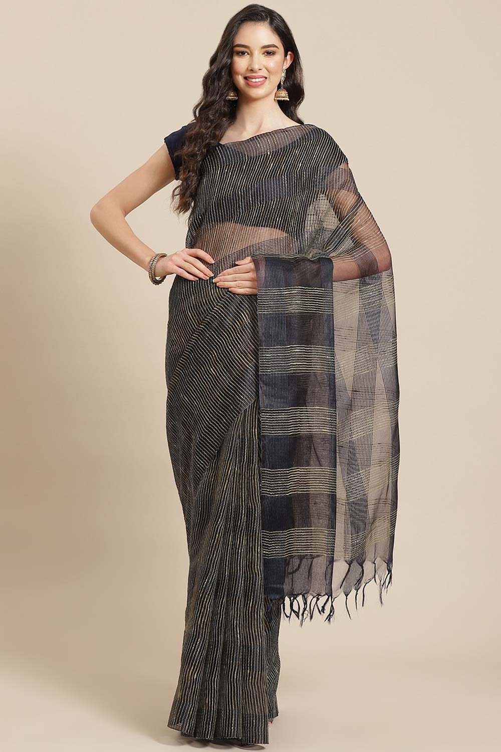 Buy Art Silk Woven Saree in Navy Blue Online