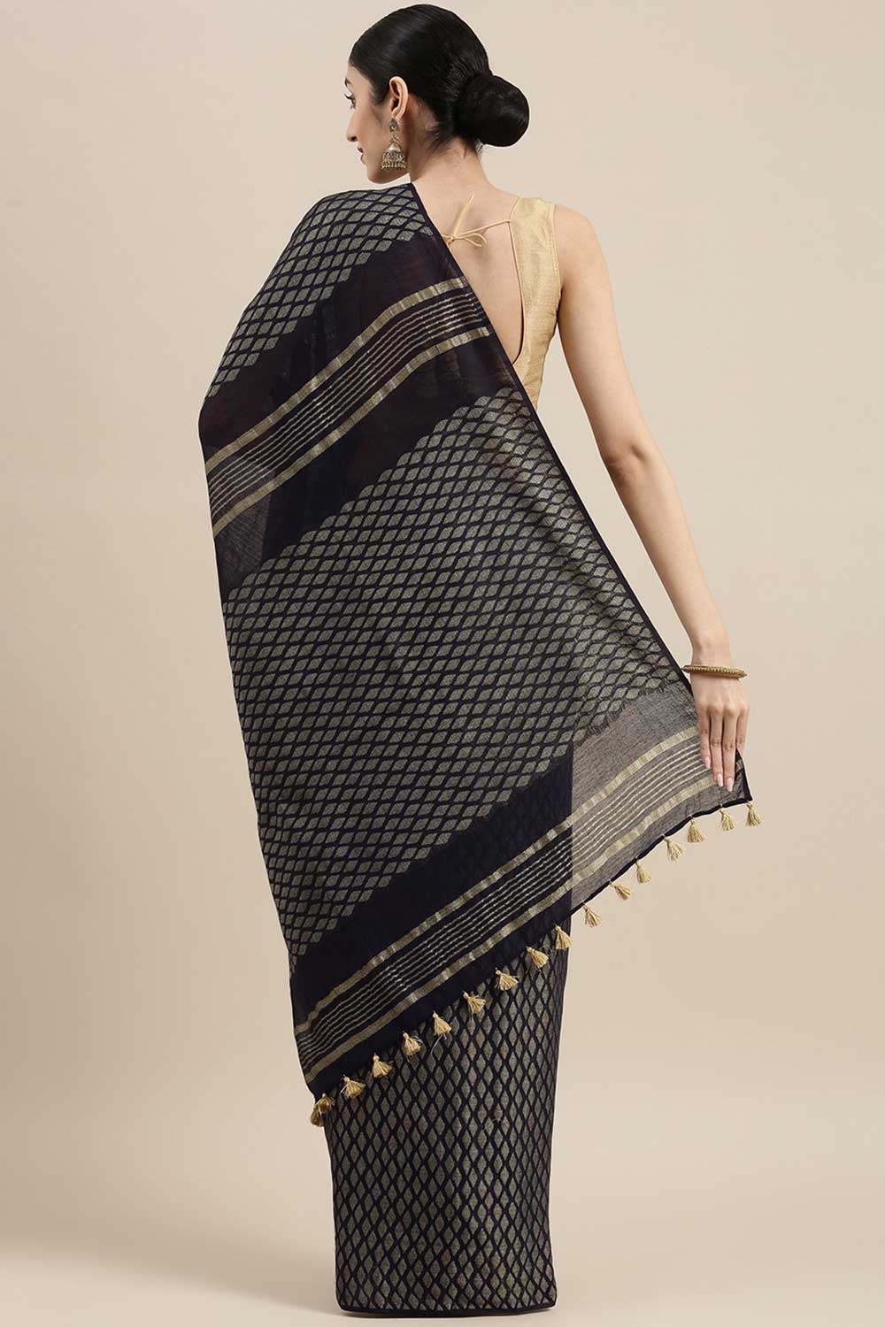 Buy Silk Blend Zari Woven Saree in Navy Blue Online - Back