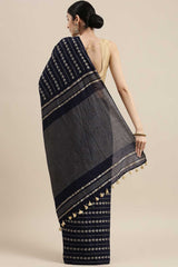 Buy Silk Blend Zari Woven Saree in Navy Blue Online - Back