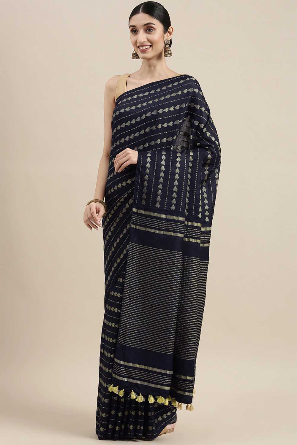 Buy Silk Blend Zari Woven Saree in Navy Blue Online