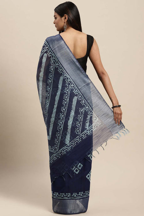 Silk Blend Block Print Saree In Blue