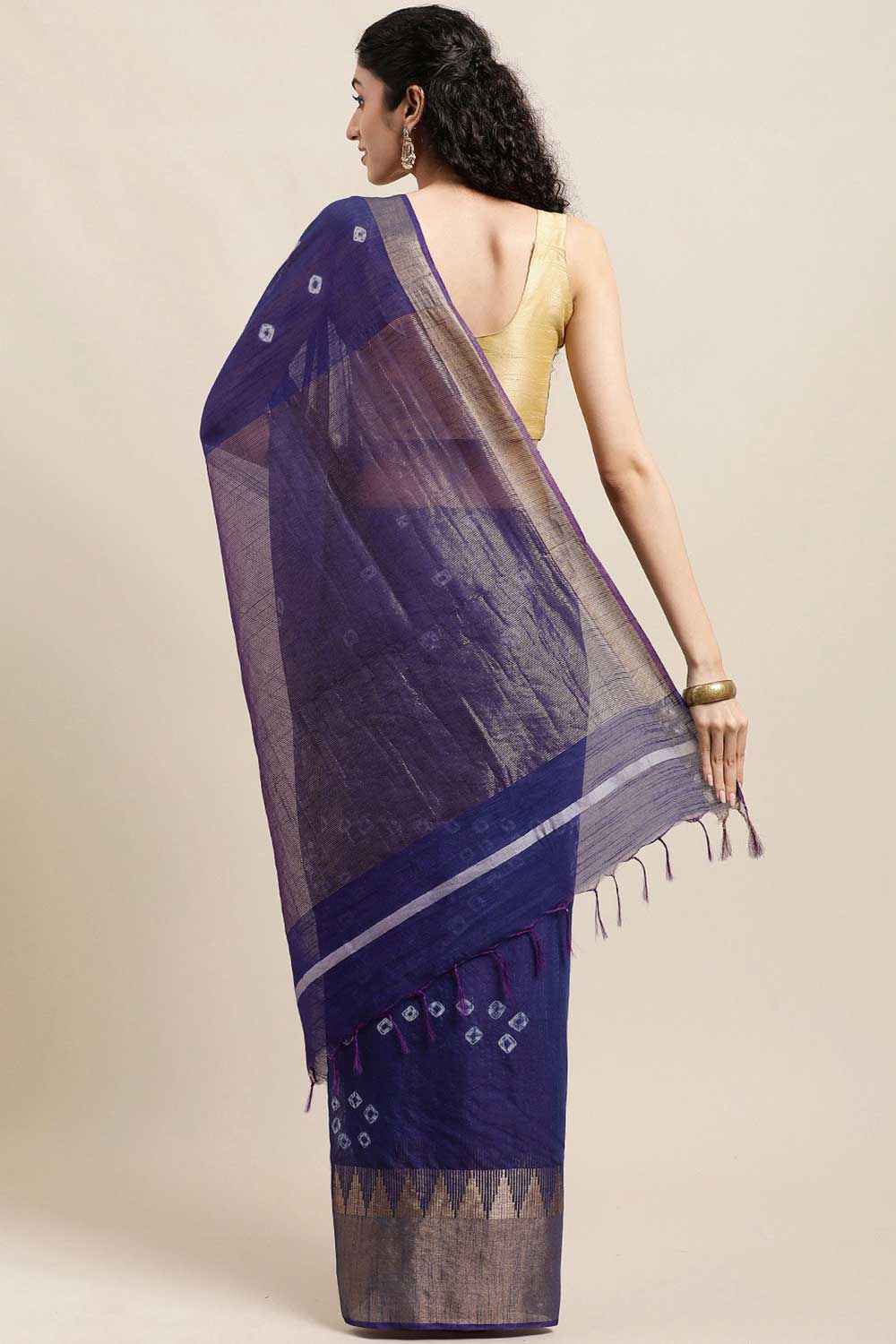 Buy Blended Silk Zari Woven Saree in Navy Blue Online - Back