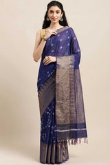 Buy Blended Silk Zari Woven Saree in Navy Blue Online