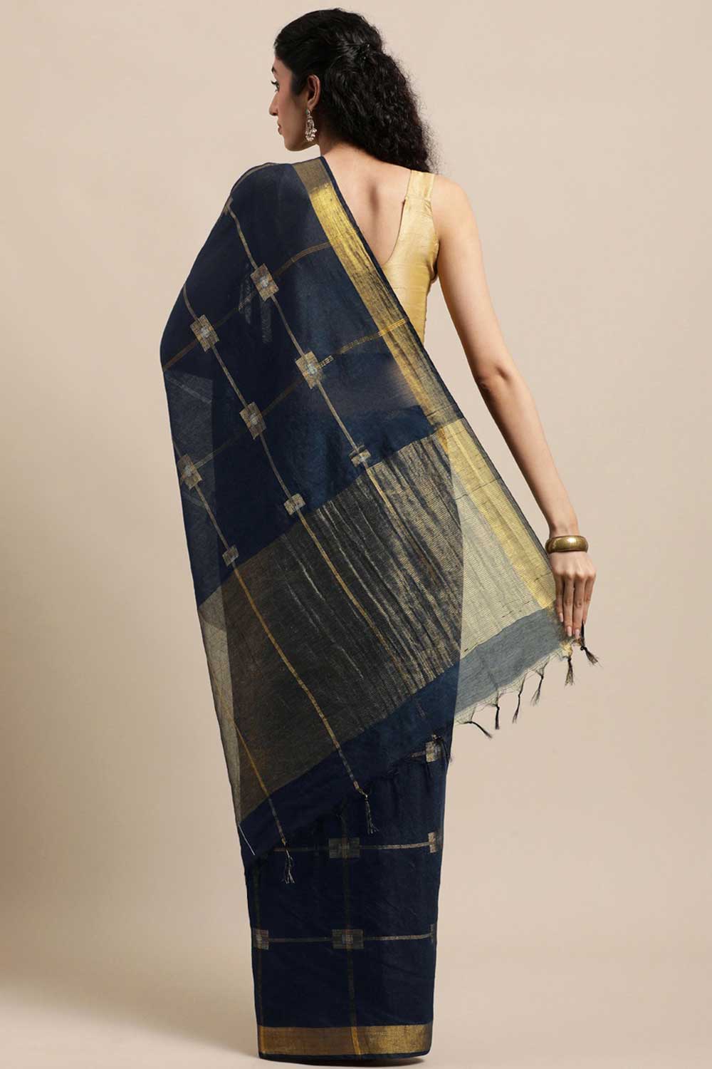 Buy Blended Silk Zari Woven Saree in Navy Blue Online - Back