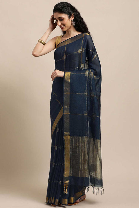 Buy Blended Silk Zari Woven Saree in Navy Blue Online