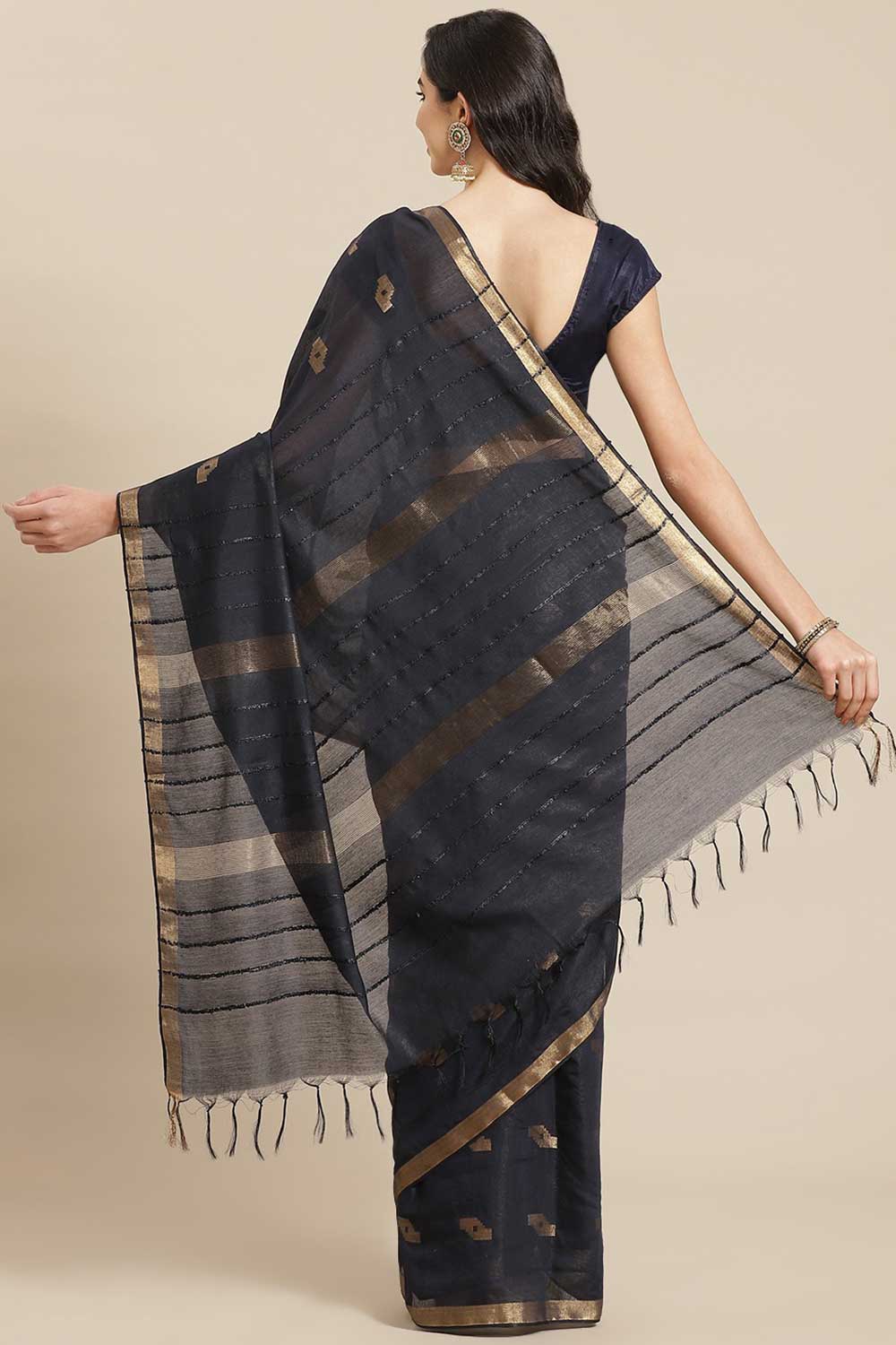 Buy Blended Silk Zari Woven Saree in Navy Blue Online - Back