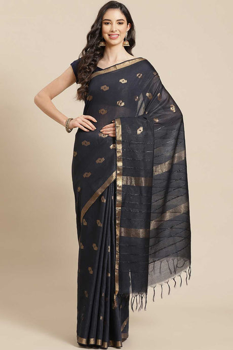 Buy Blended Silk Zari Woven Saree in Navy Blue Online