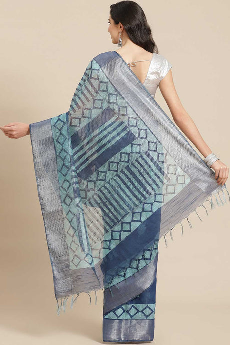 Buy Silk Blend Batik Printed Saree in Navy Blue Online - Back