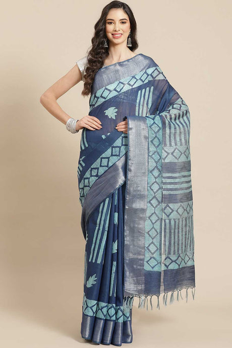 Buy Silk Blend Batik Printed Saree in Navy Blue Online