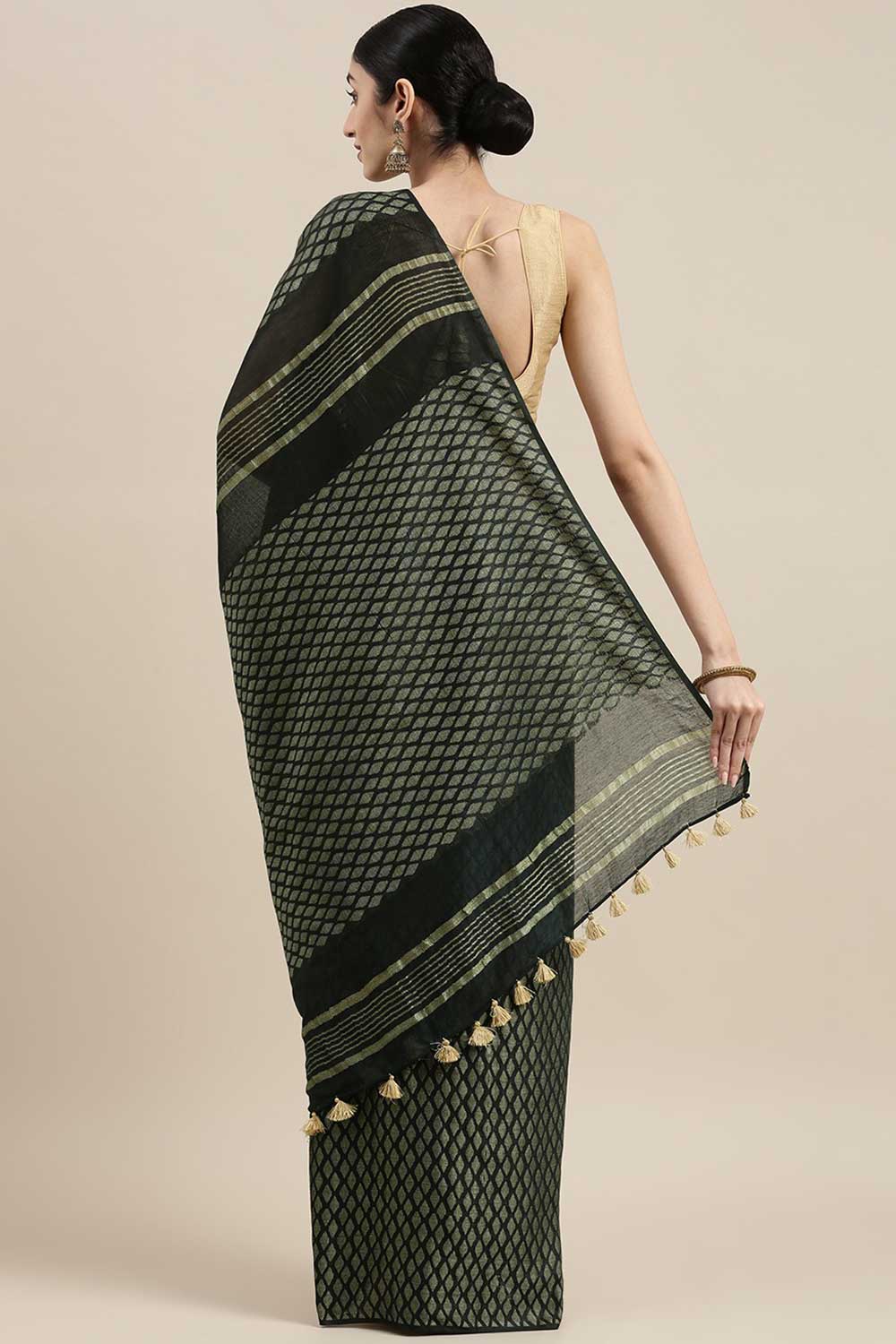 Buy Silk Blend Zari Woven Saree in Green Online - Back