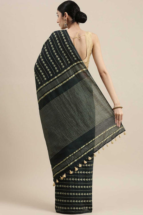 Buy Silk Blend Zari Woven Saree in Green Online - Back