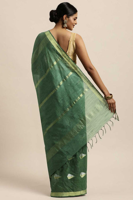 Buy Silk Blend Zari Woven Saree in Green Online - Back