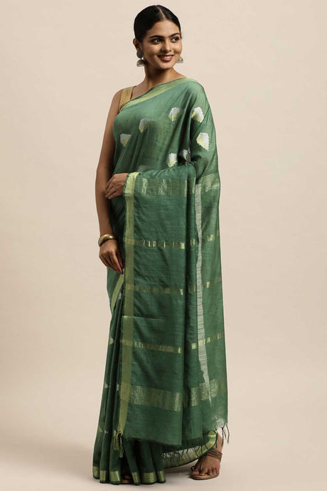 Buy Silk Blend Zari Woven Saree in Green Online