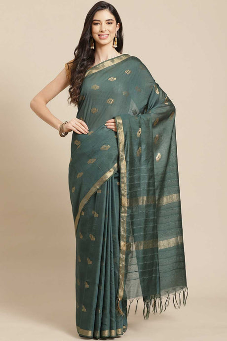 Buy Blended Silk Zari Woven Saree in Green Online