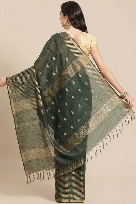 Buy Blended Silk Zari Woven Saree in Green Online - Back