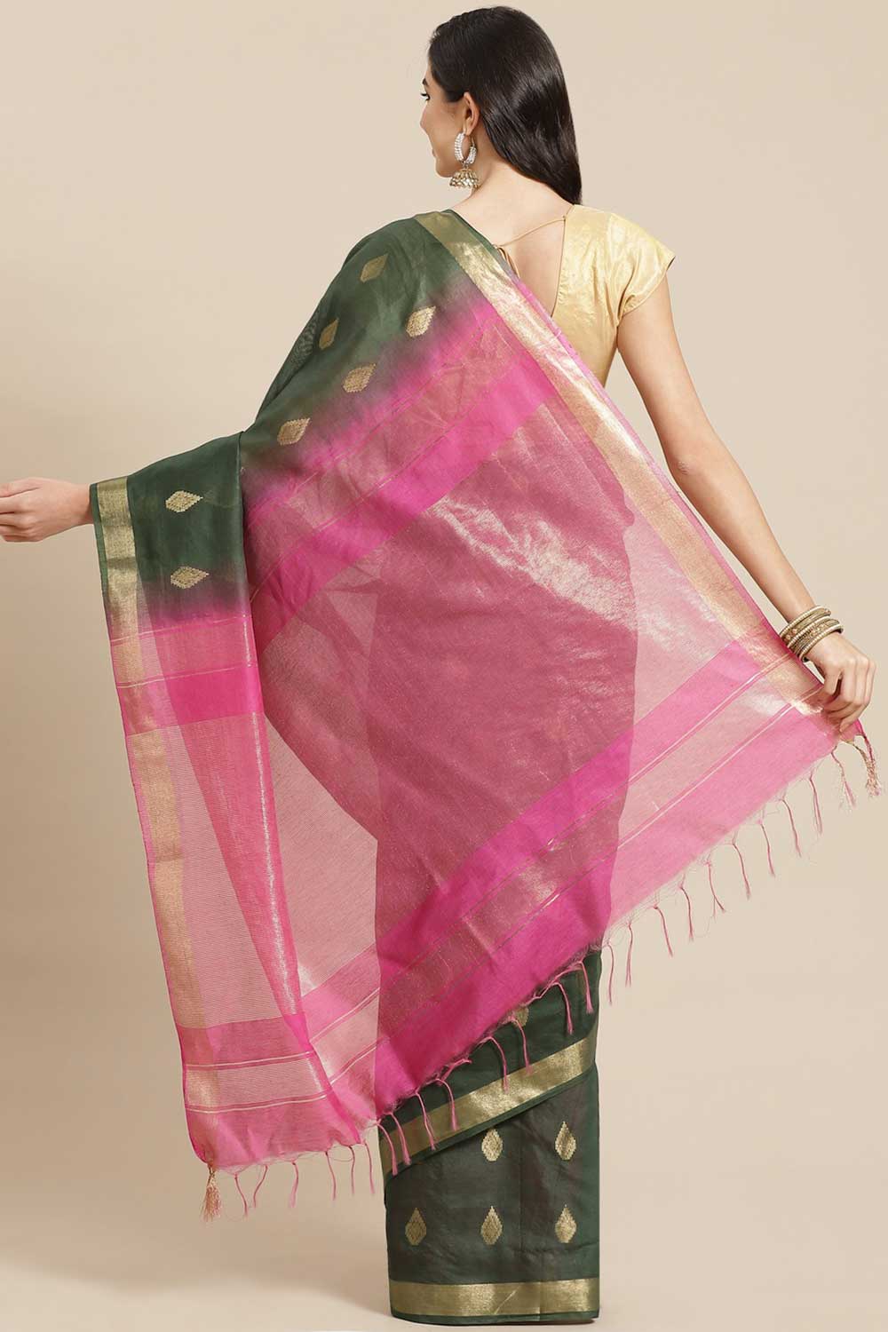 Buy Blended Silk Zari Woven Saree in Green Online - Back