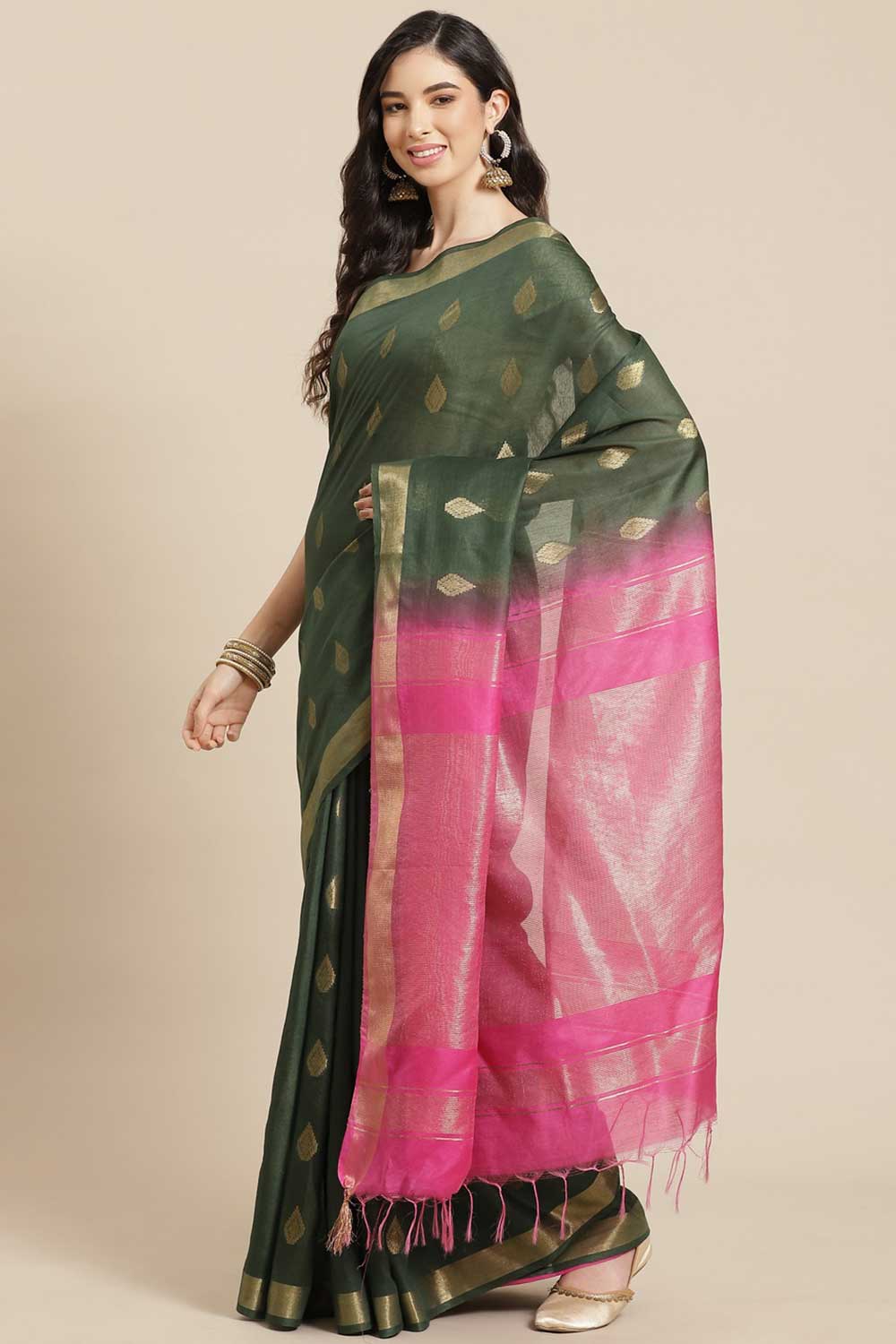 Buy Blended Silk Zari Woven Saree in Green Online