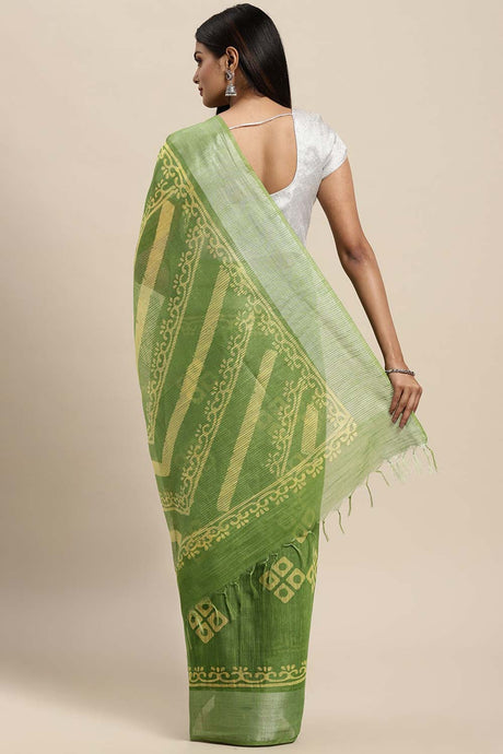Silk Blend Block Print Saree In Green