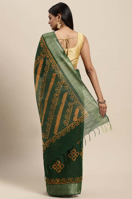 Silk Blend Block Print Saree In Green