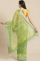 Buy Silk Blend Batik Printed Saree in Green Online - Back