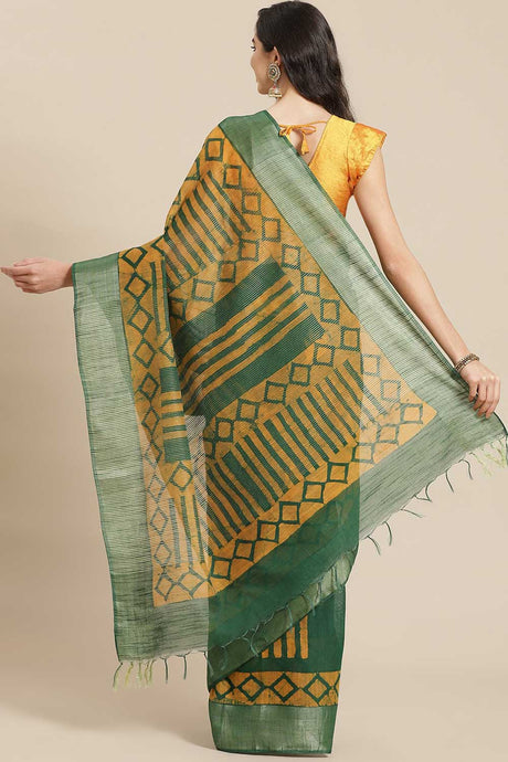 Buy Silk Blend Batik Printed Saree in Green Online - Back