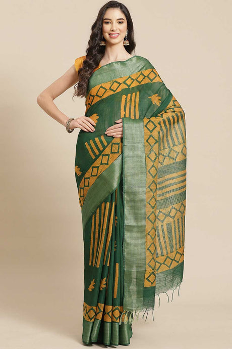 Buy Silk Blend Batik Printed Saree in Green Online