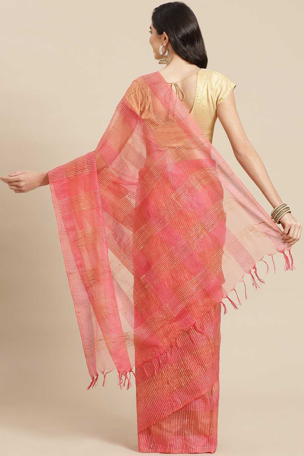 Buy Art Silk Woven Saree in Peach Online - Back