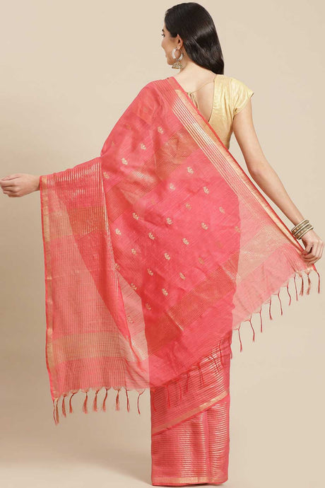 Buy Blended Silk Zari Woven Saree in Peach Online - Back