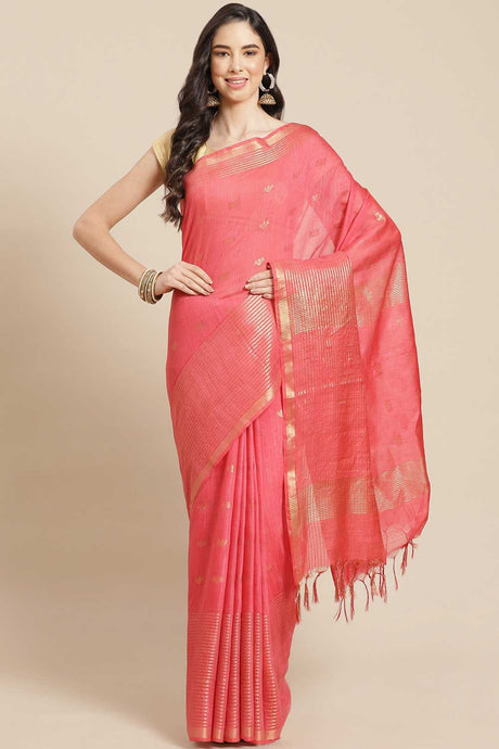 Buy Blended Silk Zari Woven Saree in Peach Online