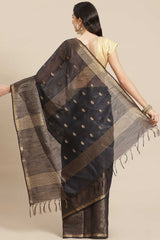 Buy Blended Silk Zari Woven Saree in Black Online - Back