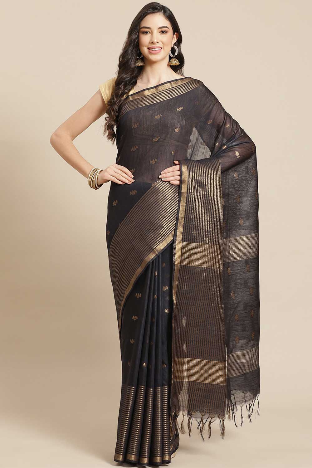 Buy Blended Silk Zari Woven Saree in Black Online