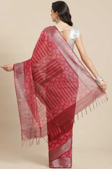 Buy Silk Blend Batik Printed Saree in Maroon Online - Back