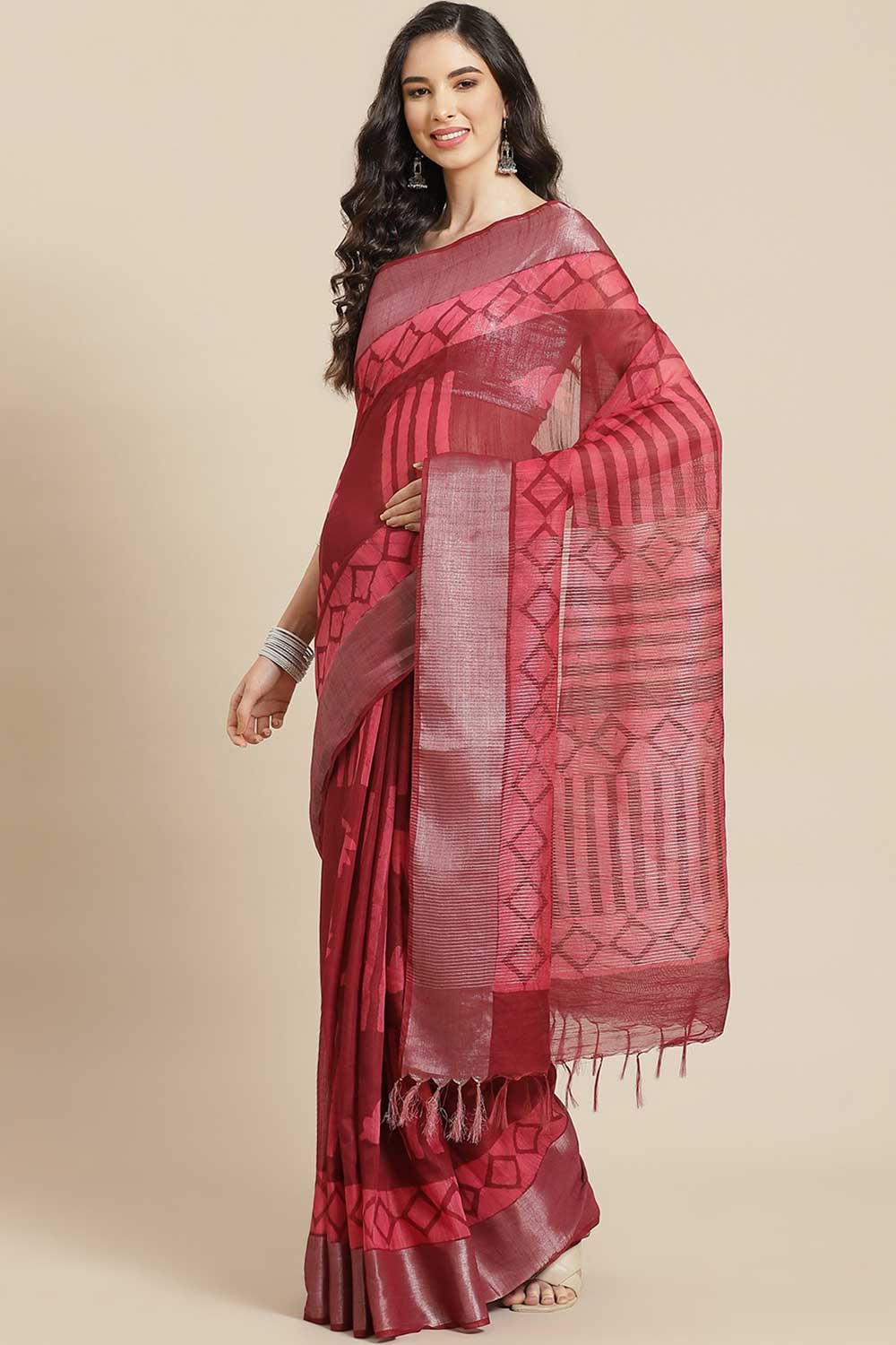 Buy Silk Blend Batik Printed Saree in Maroon Online