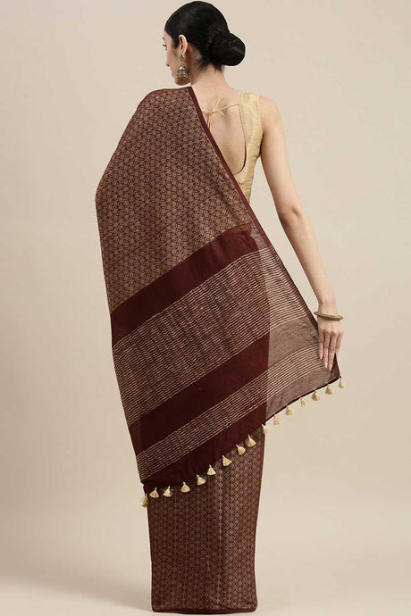 Buy Silk Blend Zari Woven Saree in Dark Brown Online - Back