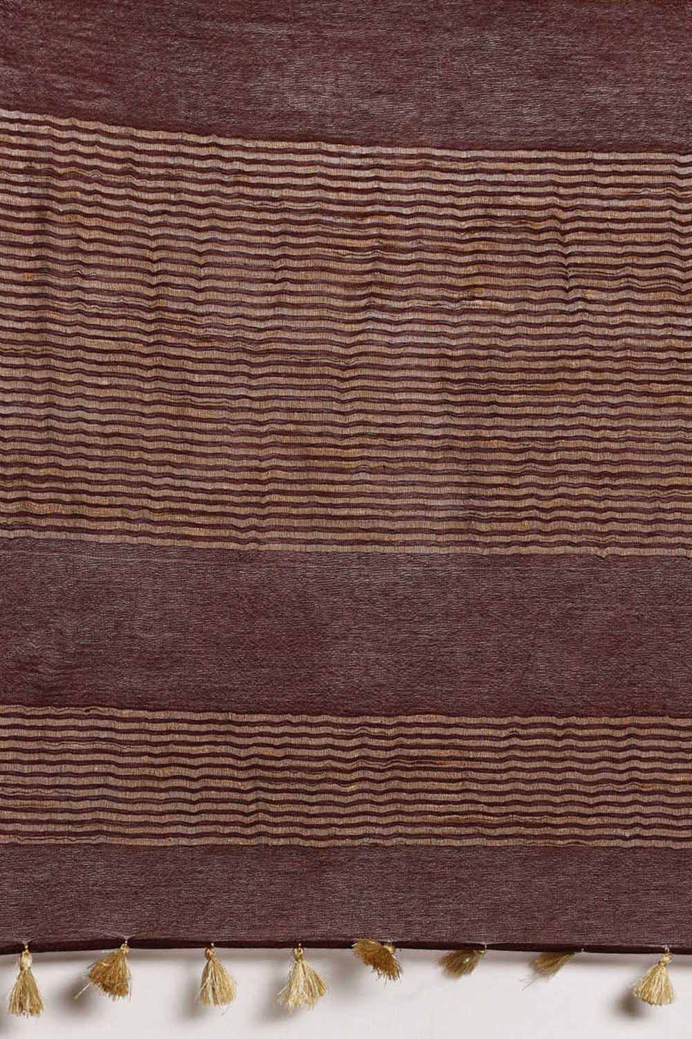 Buy Silk Blend Zari Woven Saree in Dark Brown Online - Side