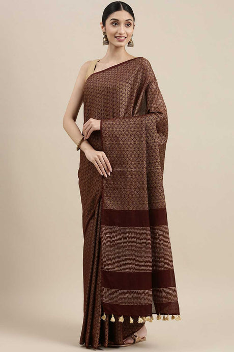 Buy Silk Blend Zari Woven Saree in Dark Brown Online