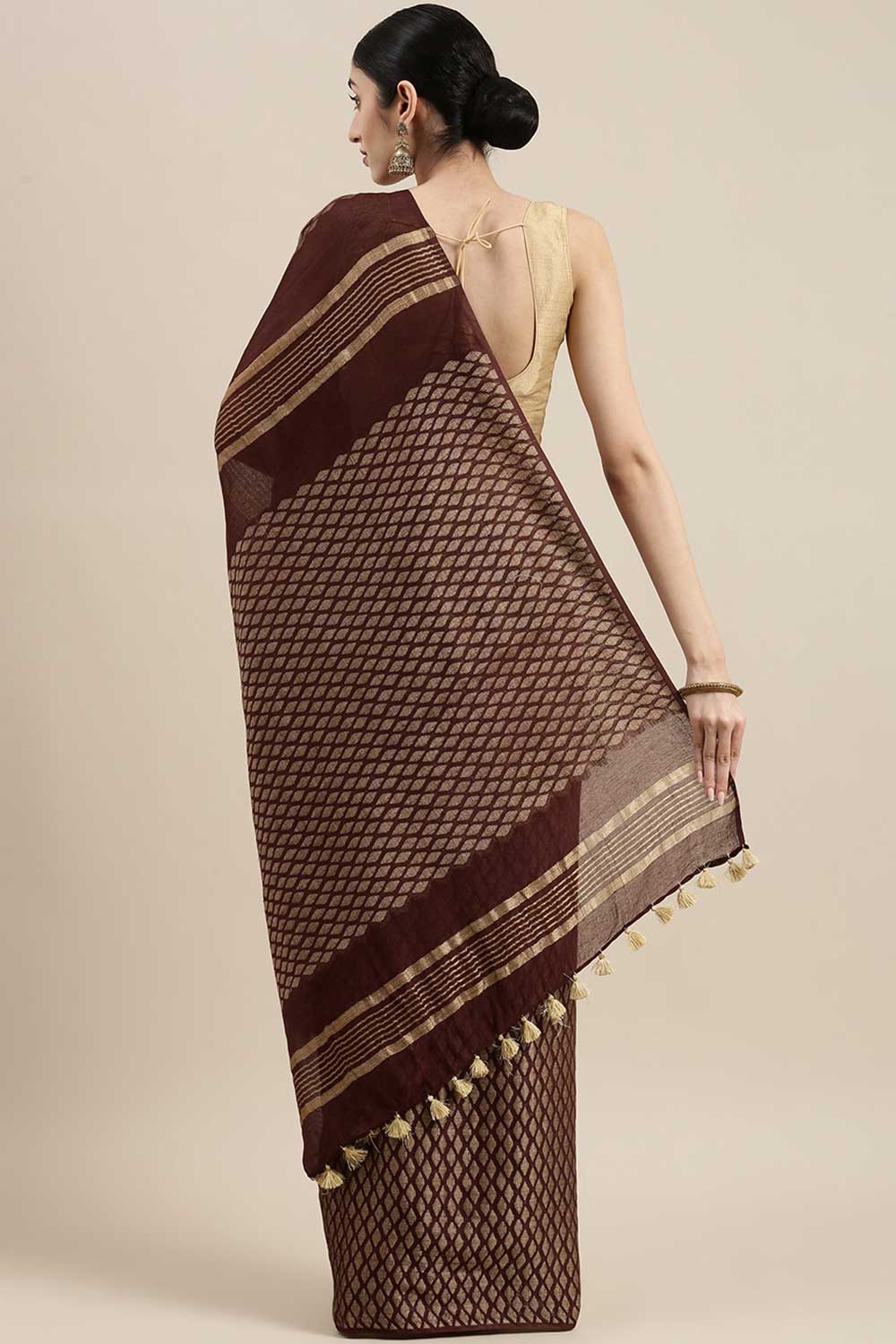 Buy Silk Blend Zari Woven Saree in Dark Brown Online - Back