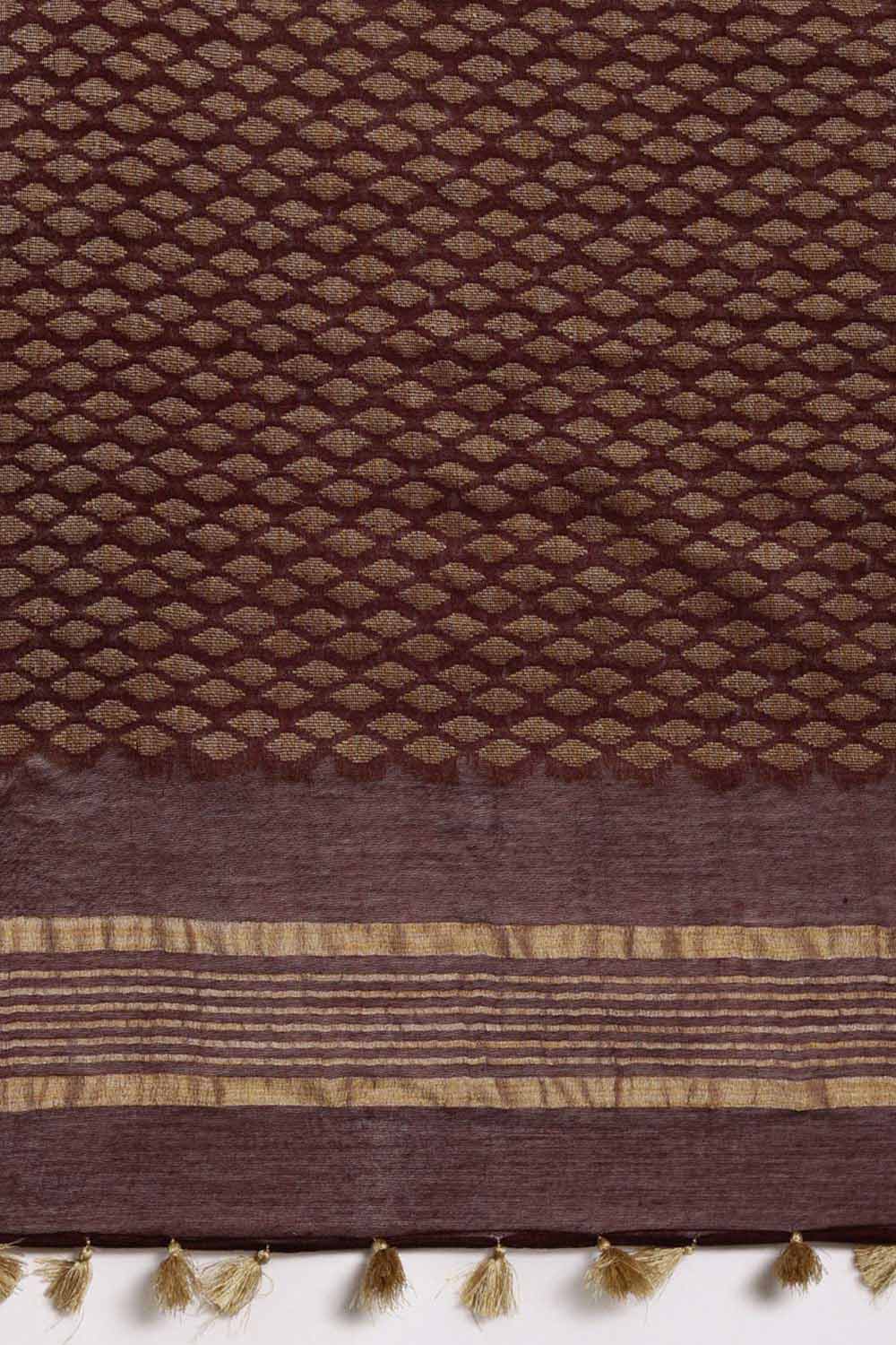 Buy Silk Blend Zari Woven Saree in Dark Brown Online - Side