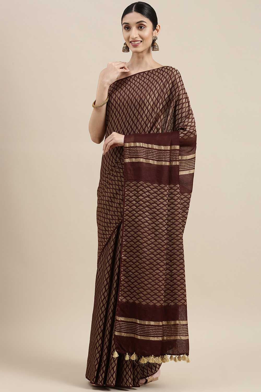 Buy Silk Blend Zari Woven Saree in Dark Brown Online