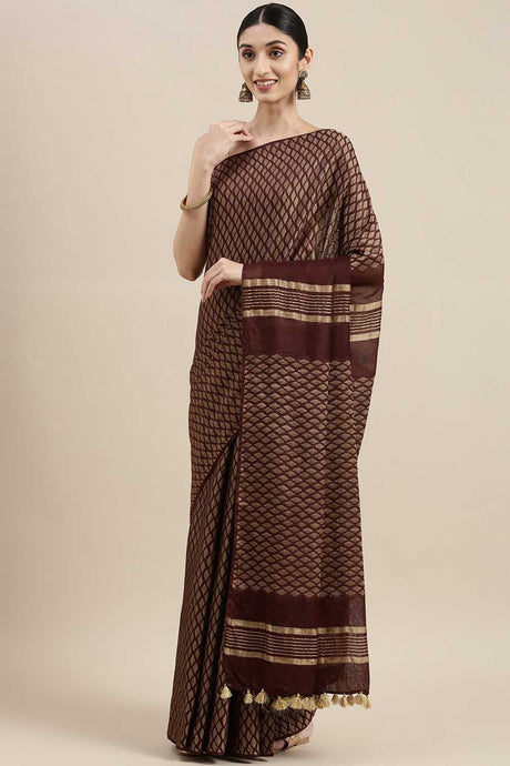 Buy Silk Blend Zari Woven Saree in Dark Brown Online