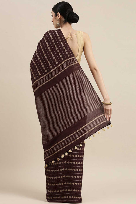 Buy Silk Blend Zari Woven Saree in Dark Brown Online - Back