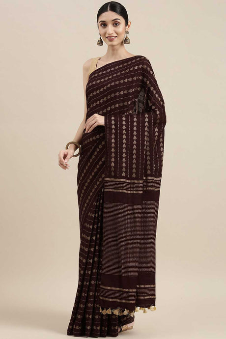 Buy Silk Blend Zari Woven Saree in Dark Brown Online