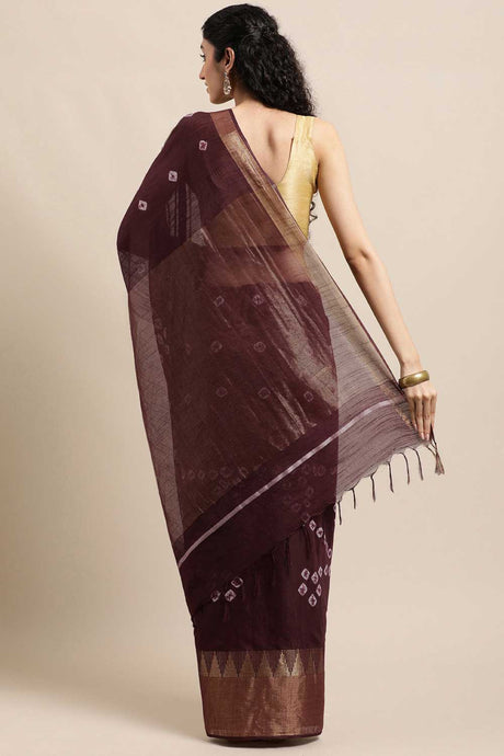 Buy Blended Silk Zari Woven Saree in Dark Brown Online - Back