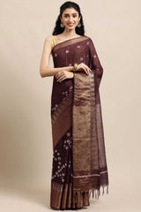 Buy Blended Silk Zari Woven Saree in Dark Brown Online