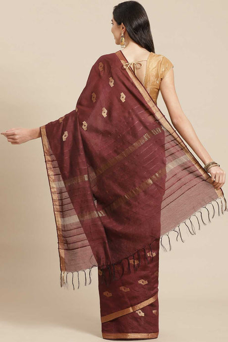 Buy Blended Silk Zari Woven Saree in Dark Brown Online - Back