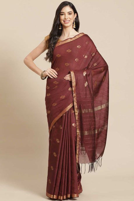 Buy Blended Silk Zari Woven Saree in Dark Brown Online