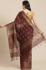 Buy Blended Silk Zari Woven Saree in Dark Brown Online - Back