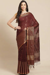 Buy Blended Silk Zari Woven Saree in Dark Brown Online