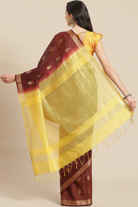 Buy Blended Silk Zari Woven Saree in Dark Brown Online - Back